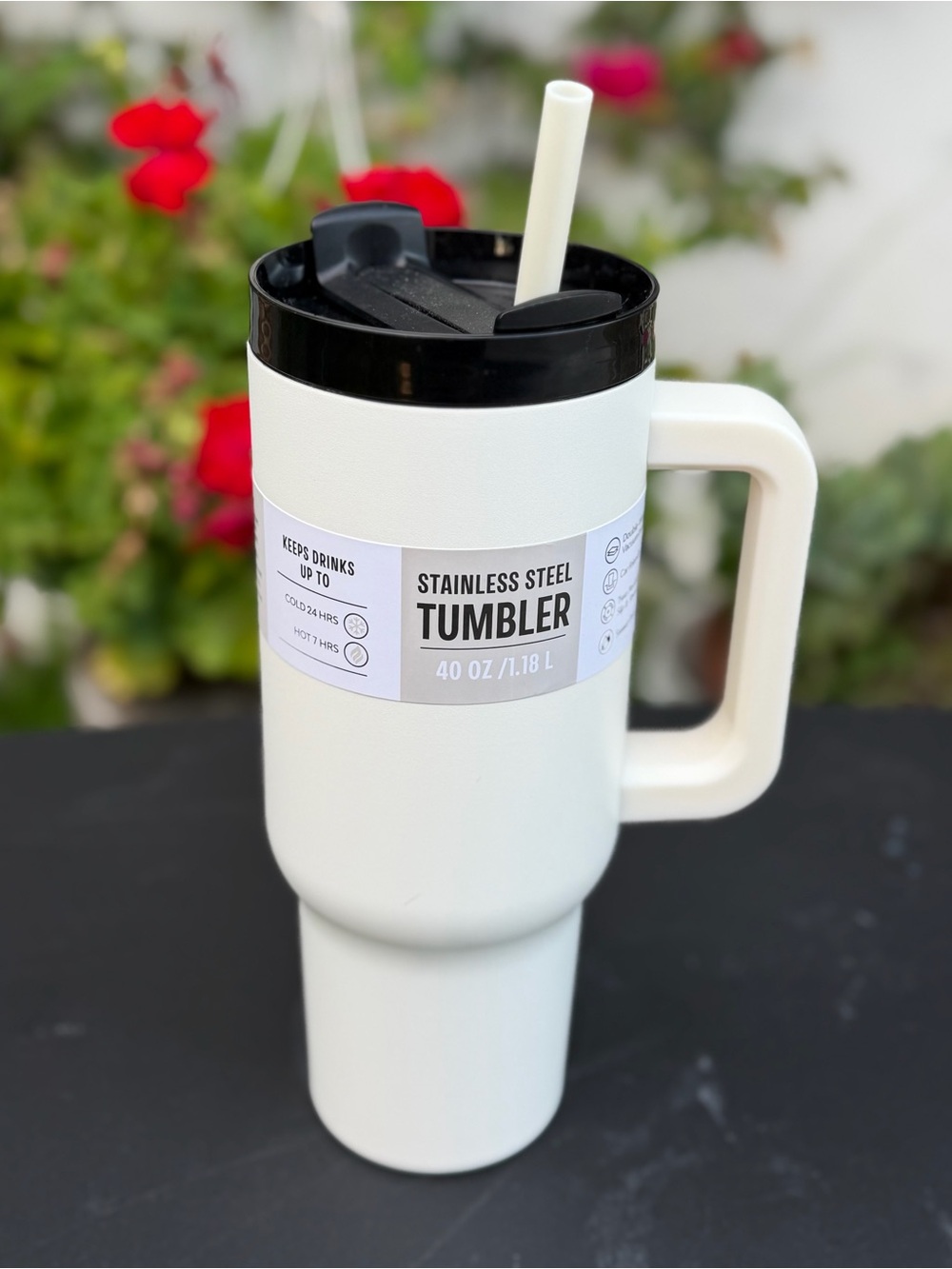 Stainless Steel 40 oz Tumbler with Handle & Straw - White